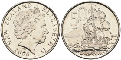 Новая Зеландия 50 центов 2006 Елизавета II (1952-2022), парусник Индевор KM 119а никелированная сталь 4579-1031