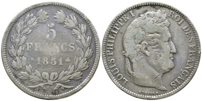 Франция 5 франков 1831 B, Луи Филипп I (1830-1848) KM 745.2 серебро 00-1067-10-22
