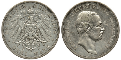 Саксония 3 марки 1909 Е, Фридрих Август III (1904-1918) Weege 132, J. 135, KM 1267 серебро 413-5211