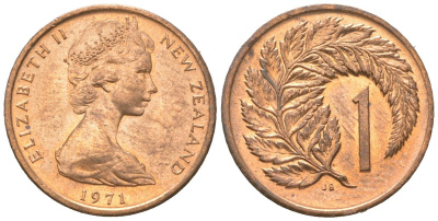Новая Зеландия 1 цент 1971 Елизавета II (1952-2022), лист папоротника KM 31.1 бронза UNC 4611-424