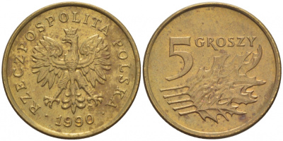 ПОЛЬША 5 ГРОШЕЙ 1990 MW KM 278 латунь 112-1161