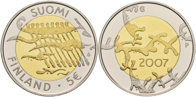 Финляндия 5 евро 2007 90 лет независимости Финляндии в оригинальной коробке, с сертификатом, тираж 20000 экз. KM  биметалл  PROOF  4-3-4-47