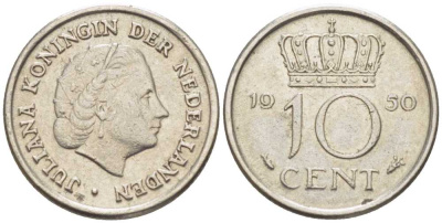 НИДЕРЛАНДЫ 10 ЦЕНТОВ 1950 ЮЛИАНА (1948-1980) KM 182 никель 214-1139