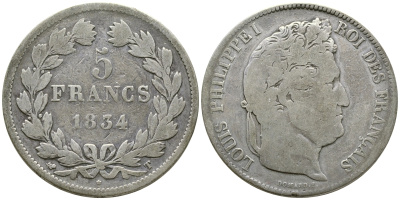 Франция 5 франков 1834 T, Луи Филипп I (1830-1848) KM 749.12 серебро 1066-6-42
