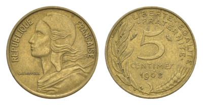 Франция 5 сантимов 1968 тип Morlon KM 933, Le Franc 125.4 алюминиевая бронза 4630-321