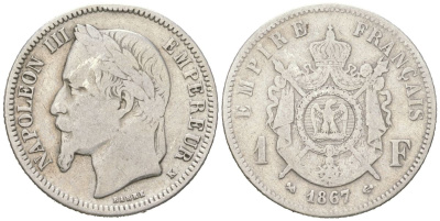Франция 1 франк 1867 K, Наполеон III (1852-1870) KM 806.3 серебро 4616-512