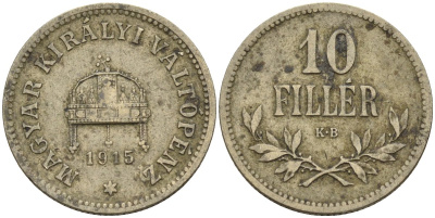 Венгрия 10 филлеров 1915 KB, Франц Иосиф I (1848-1916) KM 494 медь никель цинк 4151-1127
