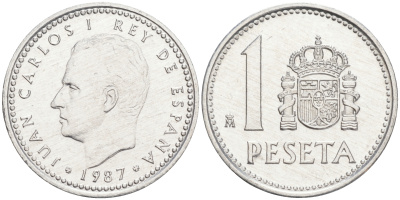 ИСПАНИЯ 1 ПЕСЕТА 1987 ХУАН КАРЛОС I (1975-) KM 821 алюминий 192-831