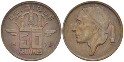 БЕЛЬГИЯ 50 САНТИМОВ 1970 BELGIQUE KM 148.1 бронза 96-757