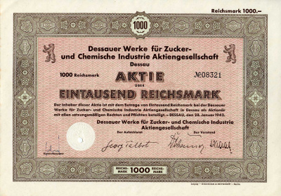 Германия 1000 рейхсмарок 1942 АО заводов Дессау для сахарной и химической промышленности, акция   бумага   8802-46-1