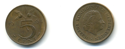 НИДЕРЛАНДЫ 5 ЦЕНТОВ 1964 ЮЛИАНА KM 181 бронза 4364-521