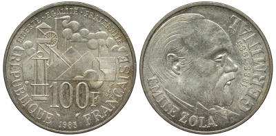 Франция 100 франков 1985 100 лет со дня рождения Эмиля Золя KM 957 серебро 1516-1623