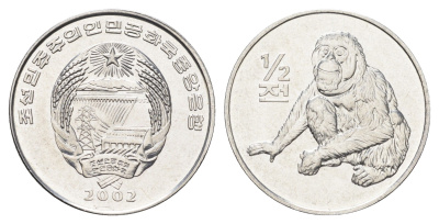 КНДР (Северная Корея) 1/2 чона 2002 Мир животных - Орангутан KM 184 алюминий UNC 4662-333