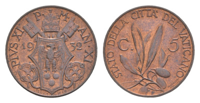 Ватикан 5 чентезимо 1932 Пий XI (1922-1939) KM 1 бронза aUNC 633-431