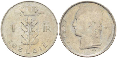 БЕЛЬГИЯ 1 ФРАНК 1977 BELGIE, БОДУЭН I (1951-1993) KM 143.1 медно-никель 213-354