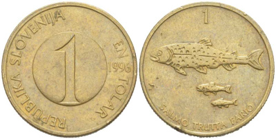 Словения 1 толар 1996 рыбы KM 4 никель латунь 217-456
