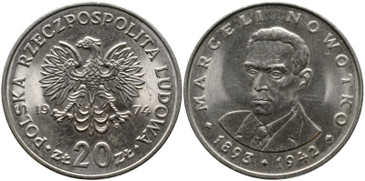Польша 20 злотых 1974 MW, Марцелий Новотко KM 69, Parchimowicz 246 медно-никель UNC 441-825