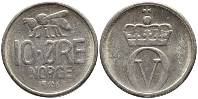 Норвегия 10 эре 1968 пчела, Улаф V (1958-1991) KM 411 медно-никель 4396-418