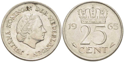Нидерланды 25 центов 1965 Юлиана (1949-1980) KM 183 никель 214-944