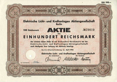 Германия 100 рейхсмарок 1943 АО Электрические осветительные и энергетические установки, Берлин, акция   бумага  8804-68-1