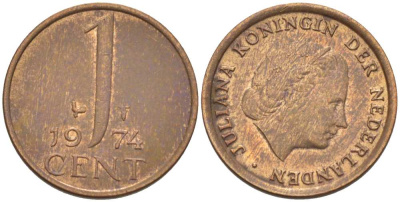 НИДЕРЛАНДЫ 1 ЦЕНТ 1974 КОРОЛЕВА ЮЛИАНА KM 180 бронза 3955-138