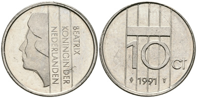 НИДЕРЛАНДЫ 10 ЦЕНТОВ 1991 БЕАТРИКС KM 203 никель 96-554
