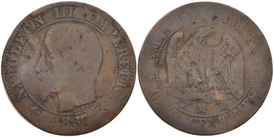 ФРАНЦИЯ 5 САНТИМОВ 1857 МА, НАПОЛЕОН III (1852-1870) KM 777.6, LE FRANC 116.42 бронза 28-626