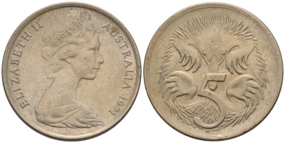 АВСТРАЛИЯ 5 ЦЕНТОВ 1971 ЕЛИЗАВЕТА II, МОЛОДОЙ ПОРТРЕТ, ЕХИДНА KM 64 медно-никель 4564-1154
