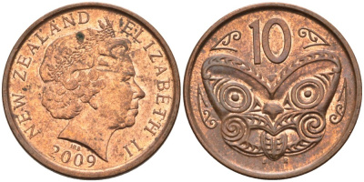Новая Зеландия 10 центов 2009 маска Маори, Елизавета II (1952-) KM 117а сталь плакированная медью 4179-1033
