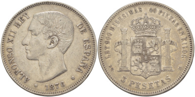 Испания 5 песет 1876 DE-M, АЛЬФОНСО XII KM 671 серебро 1521-1042