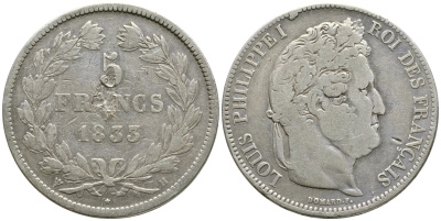 Франция 5 франков 1833 B, Луи Филипп I (1830-1848) KM 749.2 серебро 1066-7-46