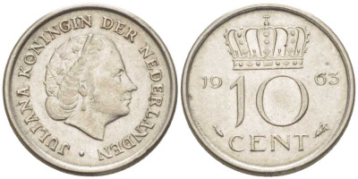 НИДЕРЛАНДЫ 10 ЦЕНТОВ 1963 ЮЛИАНА (1948-1980) KM 182 никель 214-1162
