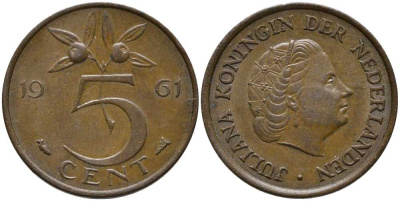 НИДЕРЛАНДЫ 5 ЦЕНТОВ 1961 ЮЛИАНА KM 181 бронза 113-651