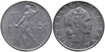 ИТАЛИЯ 50 ЛИР 1981 R, КУЗНЕЦ KM 95.1 нержавеющая сталь 89-452