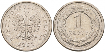 ПОЛЬША 1 ЗЛОТЫЙ 1991 MW KM 282 медно-никель 68-443