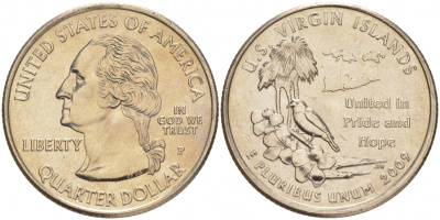 США 25 центов = квотер 2009 P, серия штаты США, Виргинские Острова KM 449 медь плакированная медно-никелем UNC M32-20