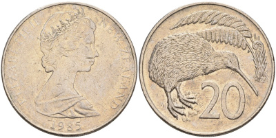 Новая Зеландия 20 центов 1985 Елизавета II (1952-2022), птичка киви KM 36.1 медно-никель 4131-1143