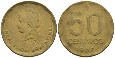 Аргентина 50 сентаво 1987 голова свободы влево KM 99, Schon 99 латунь    60-1046
