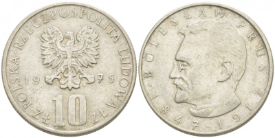 Польша 10 злотых 1975 MW, Болеслав Прус KM 73, Parchimowicz 242a медно-никель 77-417