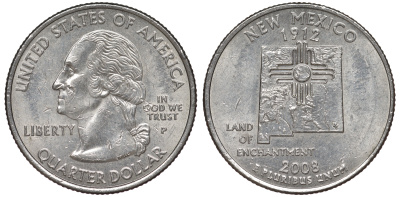 США 25 центов = квотер 2008 P, серия штаты США, Нью-Мексико KM 422 медь плакированная медно-никелем 4525-417