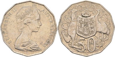 Австралия 50 центов 1983 Елизавета II (1952-2022), герб, кенгуру KM 68 медно-никель 4131-345