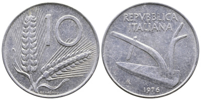 ИТАЛИЯ 10 ЛИР 1976 R, ПЛУГ, КОЛОСЬЯ KM 93 алюминий 51-3132