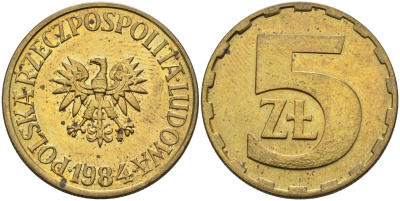 Польша 5 злотых 1984 MW KM 81.1, Parchimowicz 221i латунь aUNC 4551-524