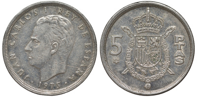 Испания 5 песет 1975 (79) Хуан Карлос I (1975-2014) KM 807 медно-никель 4543-156