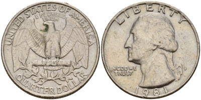 США 25 центов = квотер 1981 P - Филадельфия, Томас Джефферсон KM 164a медь плакированная медно-никелем 4150-1027