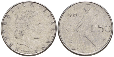 ИТАЛИЯ 50 ЛИР 1991 R, БОГ ОГНЯ ВУЛКАН У НАКОВАЛЬНИ, ДИАМЕТР 17 ММ. KM 95.2 нержавеющая сталь 4551-424