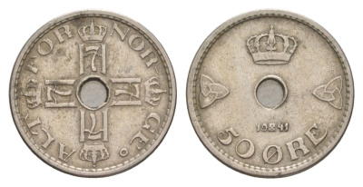 Норвегия 50 эре 1941 Хокон VII (1905-1957) KM 386 медно-никель 4635-356