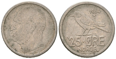 Норвегия 25 эре 1964 Улаф V (1958-1991), синица KM 407 медно-никель 4617-1246