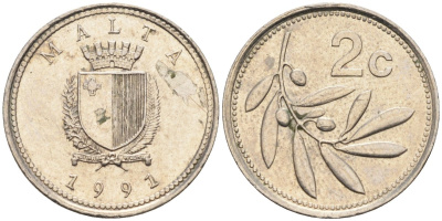 Мальта 2 цента 1991 оливковая ветвь KM 94 медно-никель 4585-1265