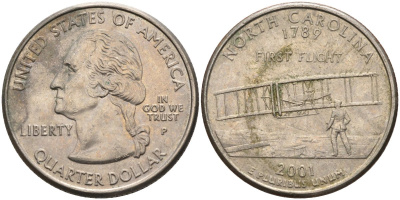США 25 центов = квотер 2001 Р, серия штаты США, Северная Каролина KM 319 медь плакированная медно-никелем 4586-146